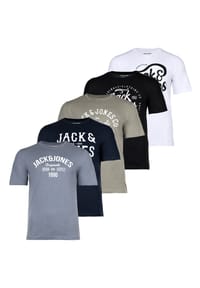 JACK & JONES - Herren T-Shirt, 5er Pack - JJLEOGRA TEE CREW NECK, Kurzarm, Rundhals, Baumwolle, Logo-Print - Schwarz/Weiß/Blau/Grün