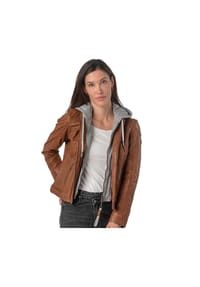 Mauritius LEATHERWEAR - Damen Lederjacke Lammnappa Kapuze cognac - cognac