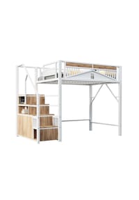 KOMHTOM - Hochbett 140 x 200 cm, Metallmaterial, Sicherheitsleiter mit Stauraum, weiß - Weiß