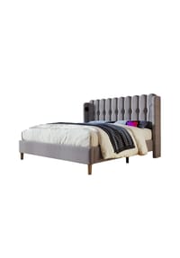 KOMHTOM - Polsterbett 160/200 cm in Grau Leinen mit USB Typ C Ladefunktion - Grau