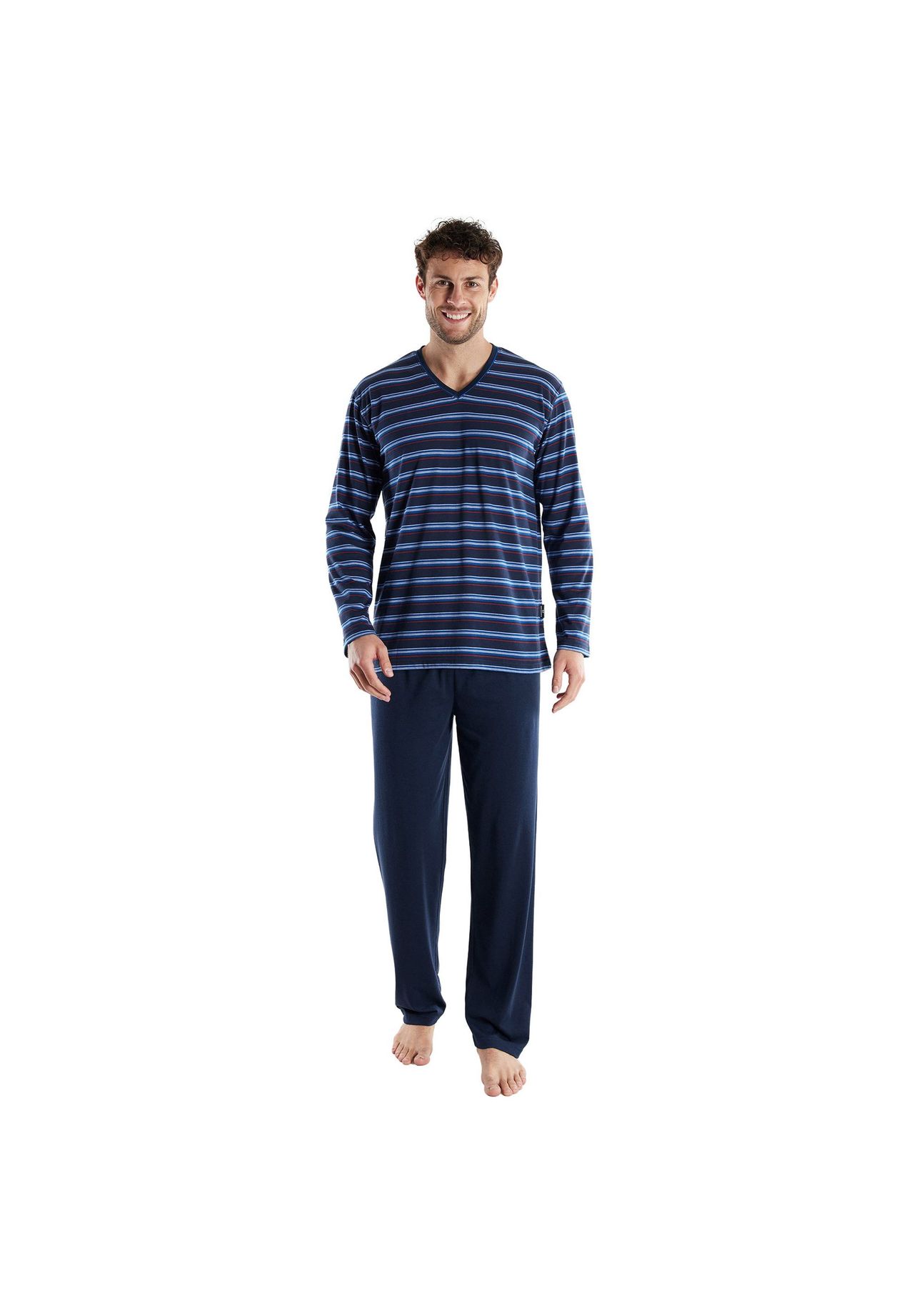 GöTzburg Herren Schlafanzug, Lang - V-Ausschnitt, Gestreift, Offene BüNdchen, Baumwolle, Pyjama, Blau, 3XL