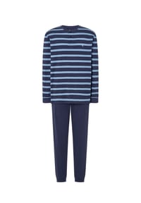 El Búho NOCTURNO® - Herren-Schlafanzug, Lang, Baumwolle, gestreift - blau