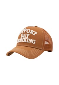 KING KEROSIN - Trucker Cap Plastischer Spruch-Schriftzug und Cocktail-Print unter dem Schirm Support Day Drinking - braun
