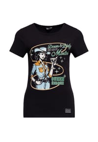 QUEEN KEROSIN - Print-Shirt Farbiger Western-Pin-up-Print mit Martiniglas und Spruch Down & Dirty - schwarz