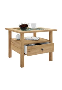 VCM. - Holz Beistelltisch mit ESG-Sicherheitsglas | Couchtisch schlicht | Maße ca. H. 42 x B. 54 x T. 54 cm | Wohnzimmertisch mit Schublade | Sofatisch - Lingis M - Honig-Eiche