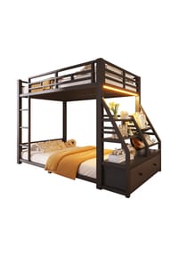KOMHTOM - Etagenbett 90x200cm mit LED-Beleuchtung, mit 2 Stoffschubladen, Schwarz - Schwarz
