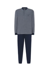 El Búho NOCTURNO® - Premium-Schlafanzug, Lang, Interlock-Strick, Baumwolle, Fischgrät-Muster - grau/blau