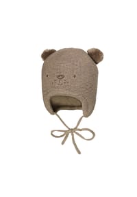 maximo® - BABY-Inkamütze, Tiergesicht Stickerei, 2 Pompons, Vollfutter - braunmeliert