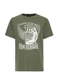 KING KEROSIN - Print-Shirt Großflächiger Frontprint mit Pin-up, V-Twin-Motor und Flügeln The Best Of The Best - olivgrün