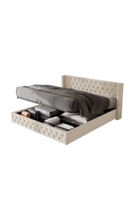 KOMHTOM - Polsterbett 140x200, Samt beige, hydraulisch, Ohren-Design – ohne Matratze - Beige
