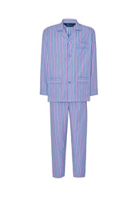 El Búho NOCTURNO® - Herren-Schlafanzug mit Reverskragen, Baumwoll-Popeline, gestreift - blau