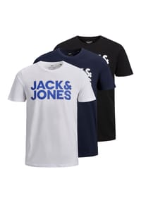 JACK & JONES - Herren T-Shirt, 3er Pack - JJECORP LOGO TEE O-NECK, Logo-Print, Baumwolle - Schwarz/Marineblau/Weiß
