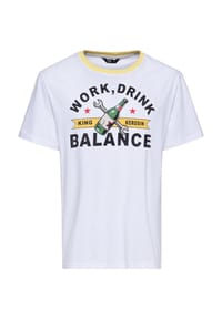 KING KEROSIN - Print-Shirt Abgesetztes Ringer-Bündchen am Rundhals Work, Drink Balance - weiß
