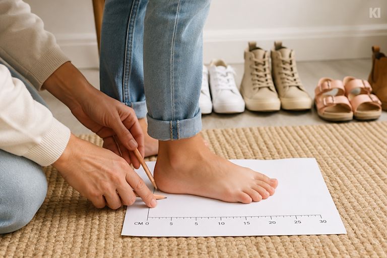 Zum Schuhgröße messen wird ein nackter Fuß mit dem Bleistift auf einem Blatt Papier umrandet