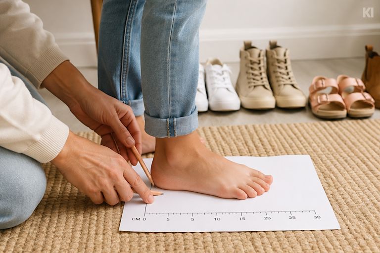 Zum Schuhgröße messen wird ein nackter Fuß mit dem Bleistift auf einem Blatt Papier umrandet